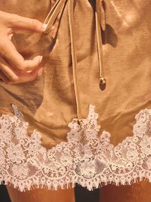 Aralina Luxury Satin Texture Lace Trim Mini With Adjustable Drawstring Waist Soft Touch Feminine Silhouette Statement Skirt - Brown - View 6