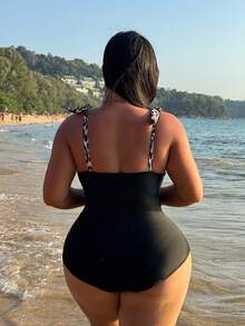 Swim Vcay 2026 New Plus Size Leopard Print Shoulder Tie Bow One-Piece Swimsuit, Fashionable Back Ruched Design, European And American Cross-Border - Black - View 2