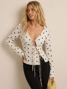 Easelle Cárdigan casual de manga larga con cuello en V y lazo frontal con estampado de lunares para mujer - Albaricoque - Ver 7