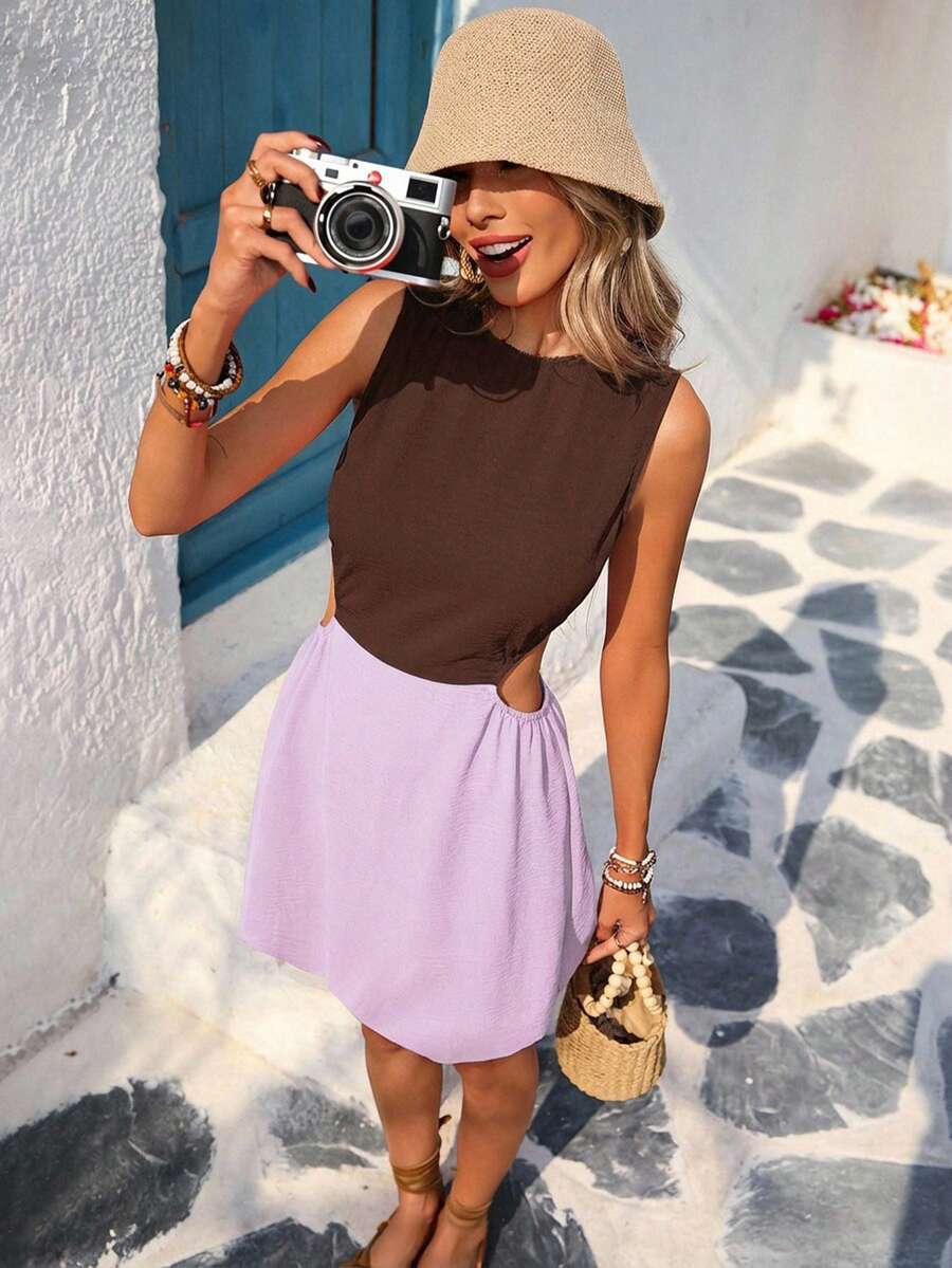 Vivid Eden 撞色镂空腰部女士迷你连衣裙，夏季服装，情人节，度假装，沙滩装，节日装，浪漫，波西米亚风，甜美，锐舞节装，热带度假装，狂欢节 - 彩色 - 查看 1