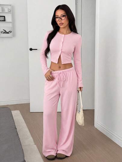 SHEIN EZwear Women's Casual Daily Commute Home Simple Solid Color Long Sleeve Single-Breasted Cropped T-Shirt And Drawstring Waist Long Pants Set, Spring/Autumn 2 Piece Casual Sets Woman Long Sleeve Two Piece Set Pink 2 Piece Set