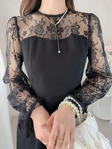 FRIFUL Women's Round Neck Chiffon Mesh Patchwork Bell Sleeve Contrast Color Sweet Casual Party Dress Sundress - Black - View 6