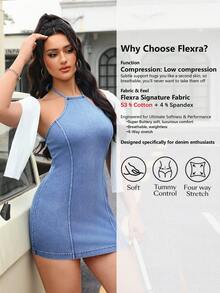 Flexra 女士修身时尚性感露背牛仔连衣裙 - 藍色 - 查看 2