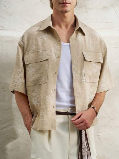 Airaco Short Sleeve Shacket For Men, Autumn, Dual Pockets, Niche Design, Lapel Collar Cardigan