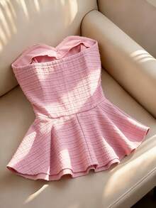 GlowEve Women's Pink Tweed Metal Button Waist Ruffle Hem Sexy Commuter Elegant Youthful Spring/Summer Top - Pink - View 2