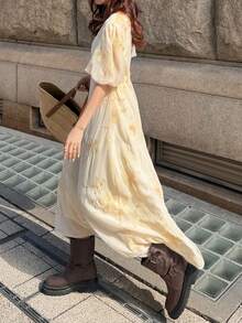 FRIFUL Đầm dài thời trang nữ cổ chữ V thêu hoa, thích hợp cho buổi hẹn hò. - Màu xanh lam - Xem 2