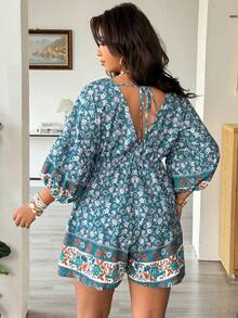 Vionelle Plus Size Casual Teal Ditsy Floral Lantern Sleeve Jumpsuit Boho Mini Dress,Women Summer Vacation Holiday Beach Outfits Resort Wear Beachwear Outfit - Multicolor - View 3