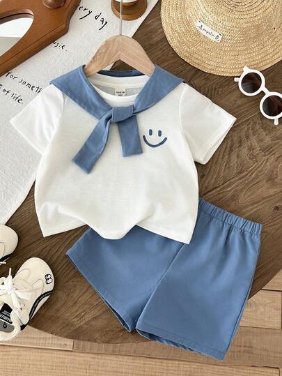 LMoss Kids Conjunto de 3 piezas para bebé niño: camiseta de cuello redondo de punto de unicolor, chal y pantalones cortos