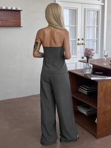 Livesso Ensemble 2 pièces Top sans bretelles unicolore et pantalon, tenue de loisirs d'été pour femmes - Gris - Voir 2