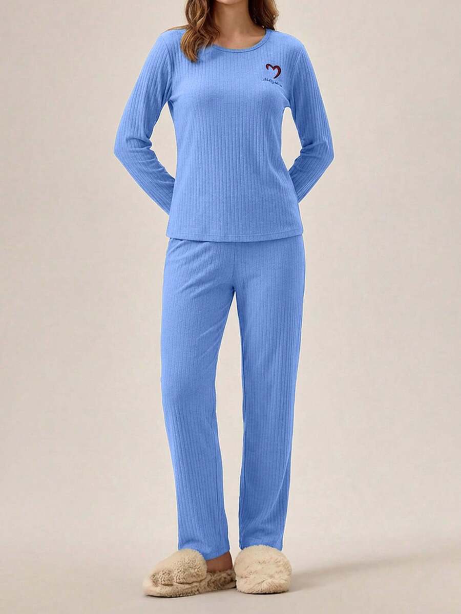EURMUSE 100%Cotton Letter Embroidery Ribbed Knit Lounge Set - Baby Blue - View 1