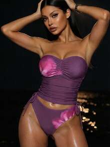 Swim SXY 2pcs/Set Women's Floral Print Spaghetti Strap Bikini Top And Bottoms - Multicolor - View 6