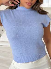 Maria Perezxox Elegant High Neck Loose Casual Versatile Sleeveless Knit Sweater Vest Going Out Tops Women,Tops For School In Fall/Winter - Baby Blue - View 6