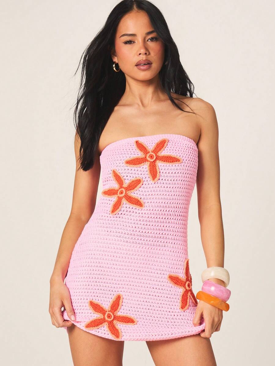 MISSGUIDED 女士钩针编织花卉罩衫无肩带迷你连衣裙沙滩度假泳装罩衫海星图案夏季 - 粉色 - 查看 1