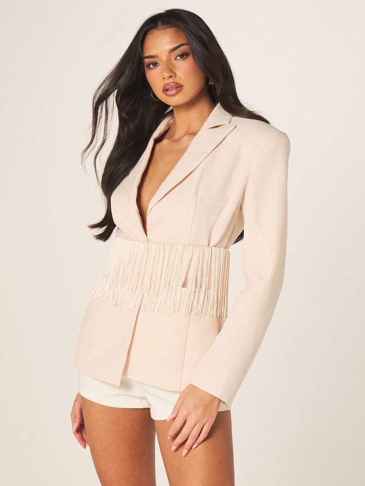 MISSGUIDED Beige Tassel Fringe Belted Waist Blazer Jacket With Lapel Collar Long Sleeve Button Closure Professional Office Work Wear Fall Winter