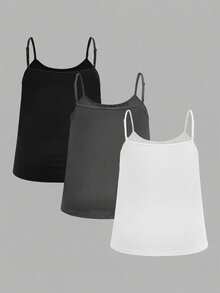 SHEIN EZwear 3pcs Plus Size Women Pleated Loose Camisole Adjustable Strap Suitable For Spring/Summer 3 Pack Tops Plain Womans Cami Simple - Multicolor - View 2