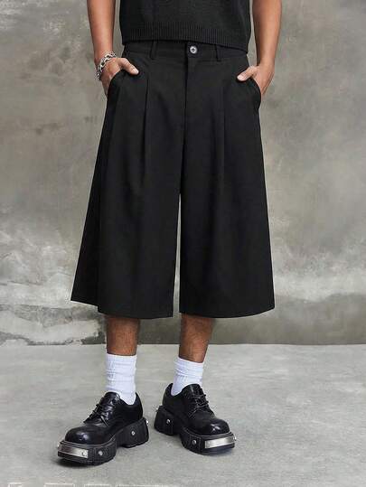 ROMWE MEN Men's Casual Pleated Loose Wide Leg Suit Shorts