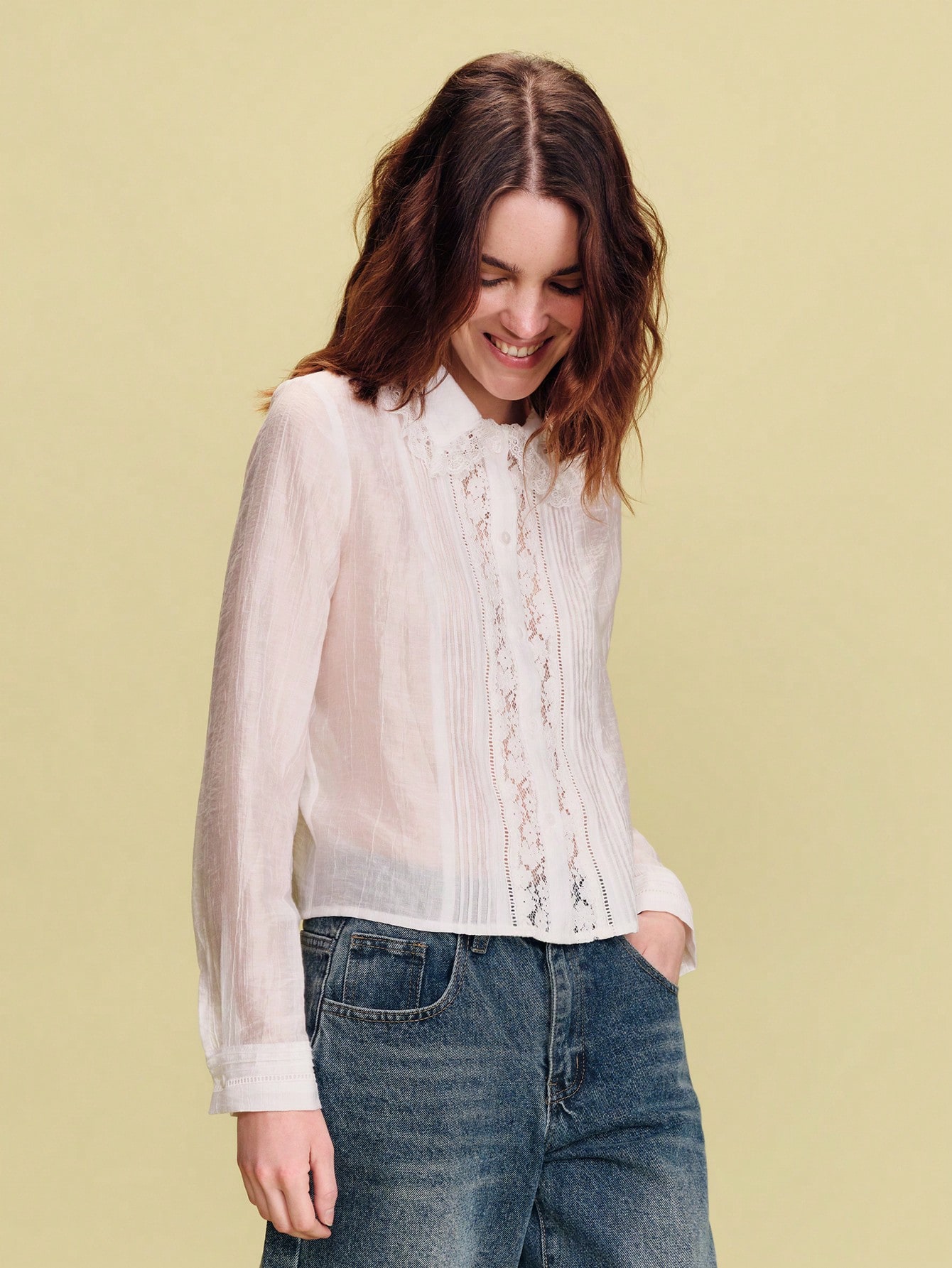 White Vintage Long Sleeve Shirt With Lace Trims And Pleats Details Spring Summer French Style Parisian Style Cute Top Vintage Top Office