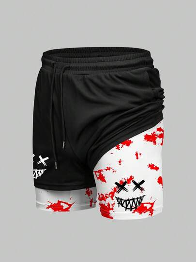 Sport MetroGents Men's Smiling Face Print Drawstring Waist Double Layer Sports Shorts