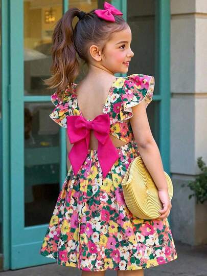 Young Girl Casual Vacation Cute Floral Backbow Cap Sleeve Dress