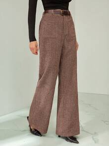 SHEIN Tall 女士格子双口袋休闲皮带复古裤 - 棕色 - 查看 7