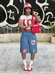 Slaydiva Women's Casual Fashion Street Daily Commute Letter Embroidery Patchwork Pocket Loose Wide Leg 3/4 Length Jeans - Blue - View 5