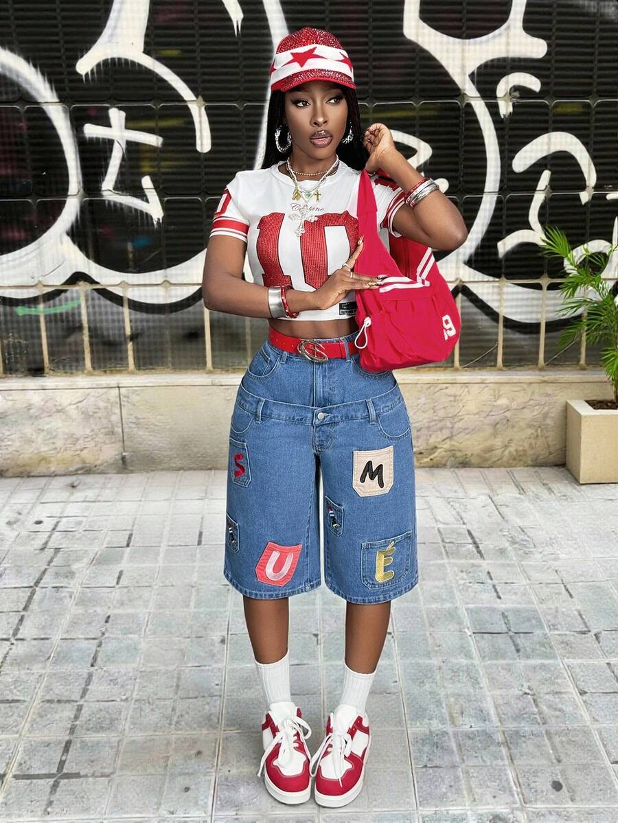 Slaydiva Quần jeans nữ dáng rộng, ống lửng 3/4, thời trang thường ngày, phong cách đường phố, thêu chữ, phối nhiều mảnh, có túi. - Màu xanh lam - Xem 1