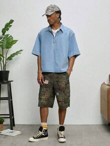 GALLERY FADE Loose Collar Open Slit Striped Short Sleeve Polo Casual Versatile - Light Wash - View 4