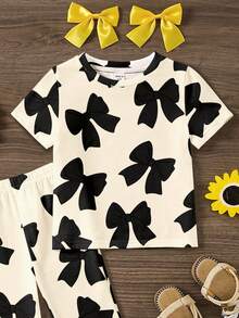 SHEIN Retro Sweet Black Bow Print Young Girl Casual Cartoon Pattern Round Neck Short Sleeve Top And Flare Pants 2-Piece Set,Suitable For Summer Campus,Home - Multicolor - View 4
