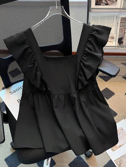 GlowEve CURVE Plus Size Women's Romantic Ruffled Hem Solid Color Casual Commuting Fashionable Blouse, Suitable For Spring And Summer