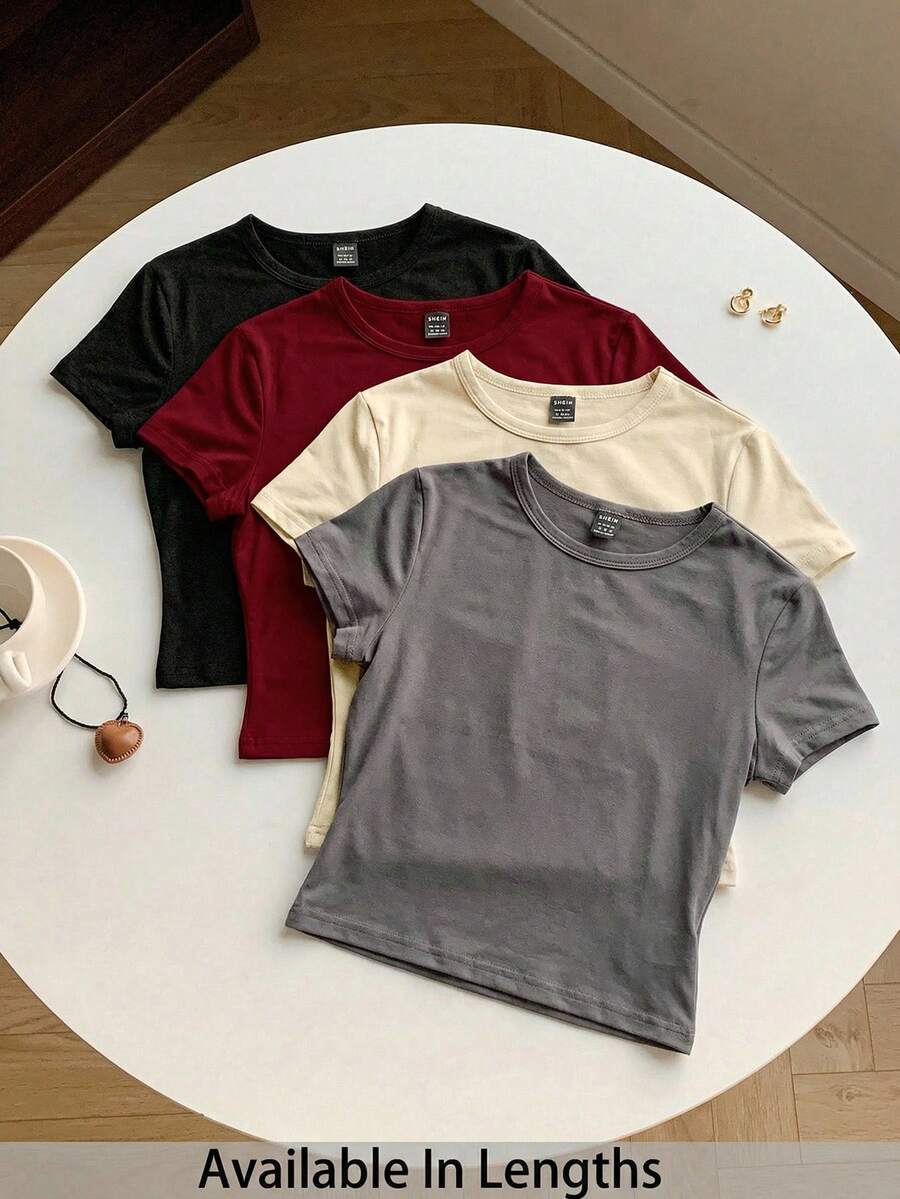 SHEIN Tall CURVE Conjunto de 4 piezas talla grande, camiseta ajustada de manga corta y cuello redondo en unicolor, adecuada para el verano - Multicolor - View 1