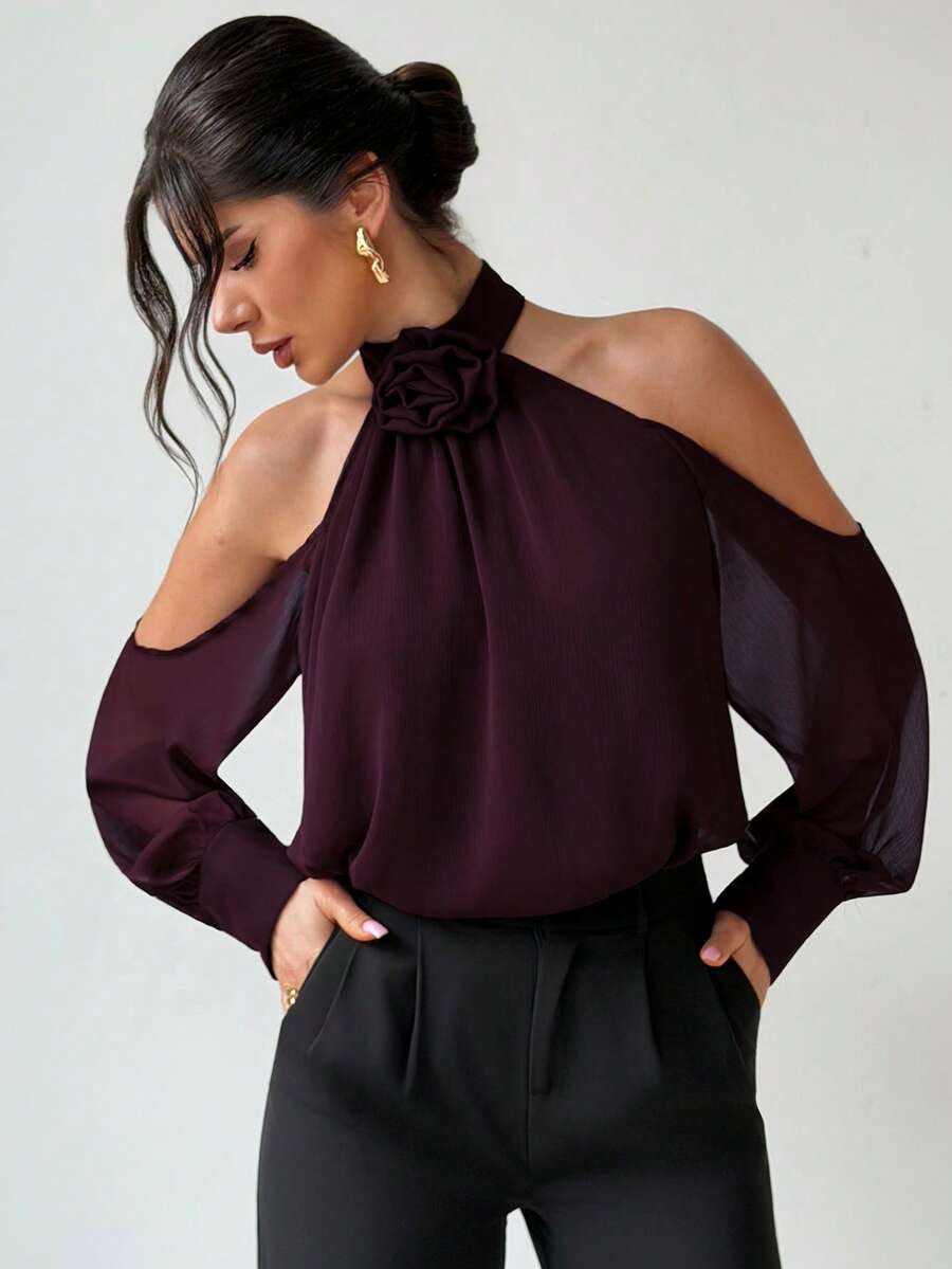 Firerie Áo kiểu nữ thanh lịch, thoải mái, hở vai, chất liệu chiffon, kiểu dáng suông/áo hoa 3D, thích hợp cho buổi hẹn hò lãng mạn, ngày Valentine, phong cách cổ điển, màu đỏ tía trang nhã.