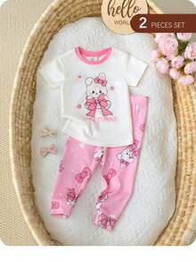 SHEIN Babygirl Cute Casual Knit Cartoon Print Short Sleeve Top And Elastic Waist Pants Loungewear Set - Pink - View 1