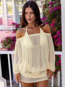 Bonvoyette 女士纯色露肩长袖褶皱罩衫连衣裙，度假款 - 杏色 - 查看 5