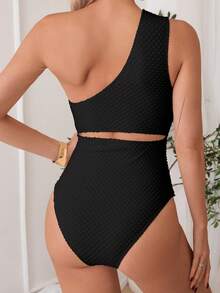 SHEIN Swim 女士纯色连体扭结褶皱泳衣，适合海滩度假、泳池派对、沙滩派对单肩镂空连体泳衣、连体泳衣、镂空连体泳衣、女士泳装、女士泳衣连体衣 - 黑色 - 查看 2