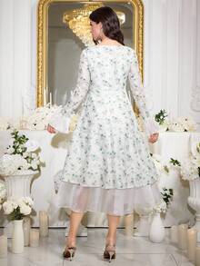 Modelyn 女士印花方领喇叭袖中长连衣裙 - 綠色 - 查看 3