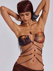 ROMWE Spring/Summer Y2K Babe Animal Print Tie-Dye Chain Decor Halter Top - Multicolor - View 1