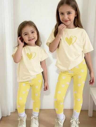 Cream White & Yellow, Sweet Minimalist Heart Pattern Print, Cute Deer Outfit, Young Girl Casual Comfortable Soft Round Neck Short Sleeve T-Shirt And Leggings, Suitable For Spring/Summer Daily, Home, Holiday, Street, Party, Spring & Summer Outfits, Easy Comfort, Stylish Girl, Casual Wear, Kids Heart Graphic Clothes, Spring & Summer Clothes, Chic Summer, New Style