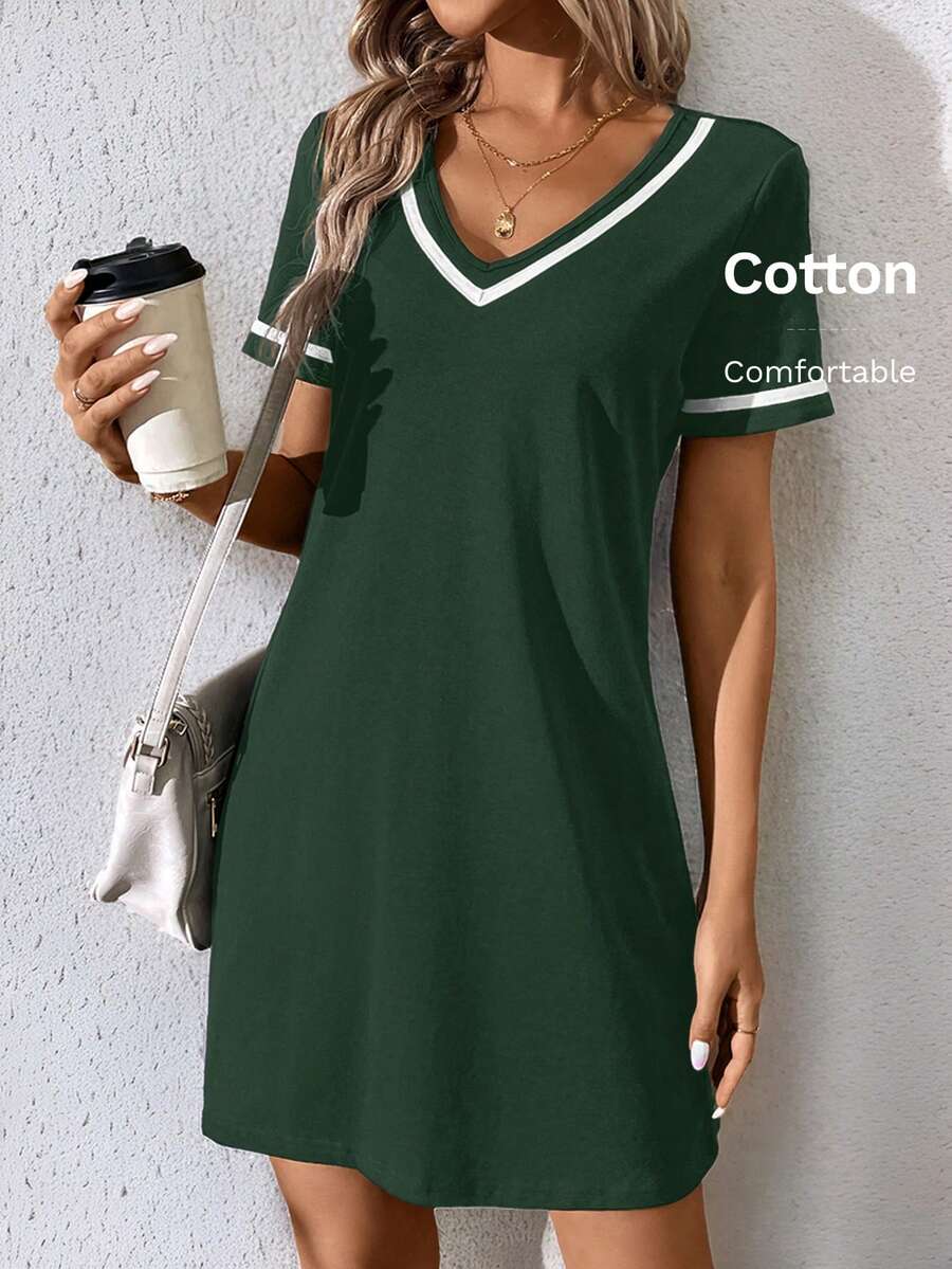 EMERY ROSE Fashionable V-Neck Contrast Ribbon Trim Black Knit Dress - Dark Green - View 1