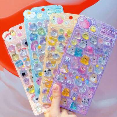 POKOJA LAND 新款3D立体幽灵家族浮雕水晶贴纸，儿童卡通手工益智奖励贴纸，高品质卡通3D立体浮雕水晶熊猫贴纸，可爱小图案贴纸，适合女孩手机装饰