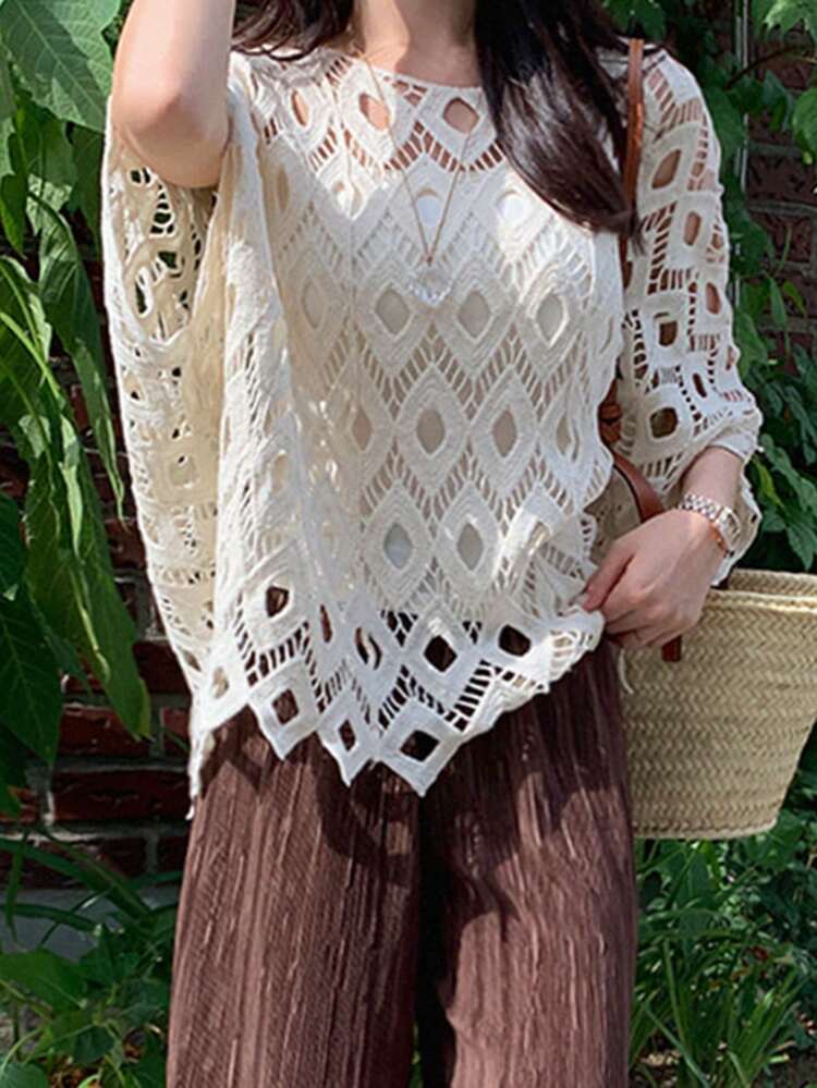 Vacation Style Versatile T-Shirt, Crochet Hollow Out Round Neck Batwing Sleeve Blouse For Women