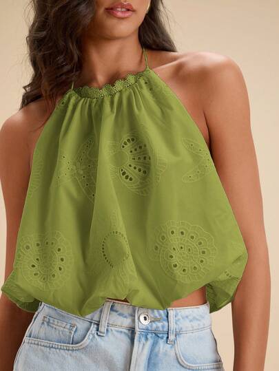 Travachic Vacation Solid Color Hollow Embroidery Backless Halter Top, Carnival,Spring Break Outfits, Summer Outfits, Valentine's Day, Beach Outfits, Casual Vacation Outfits, Going Out Outfits