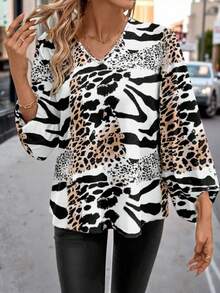 SHEIN Clasi 女士豹纹V领长袖衬衫，优雅日常穿着，黑白 - 黑與白 - 查看 6