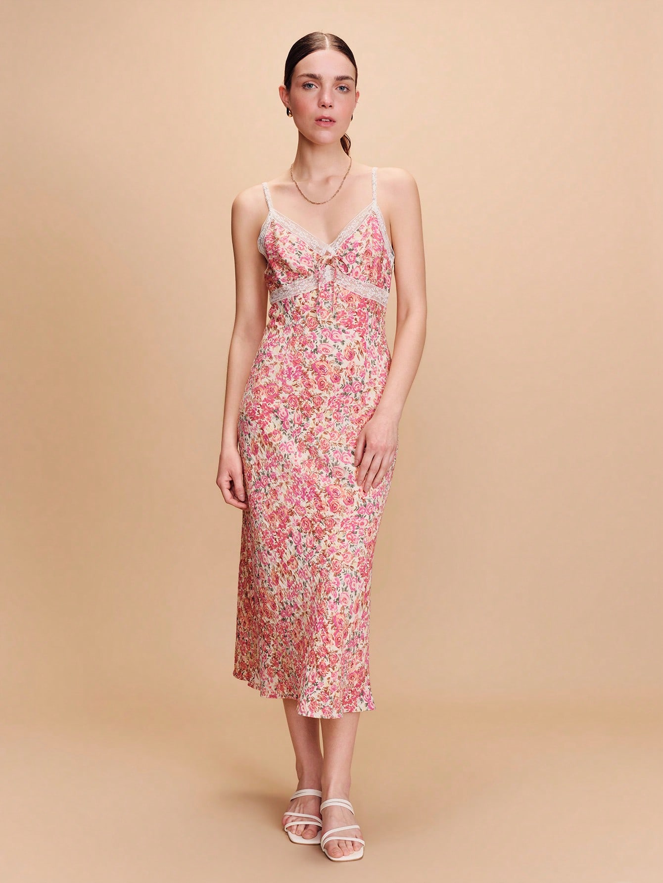 Pink Floral Woven Midi Dress With Lace Chest Detail And Straps Cute Boho Spring Summer Vintage Holiday Dress Parisian Style French Style Vacation Dress Going Out Dress