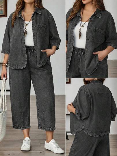 EMERY ROSE 大码女式休闲纽扣牛仔衬衫