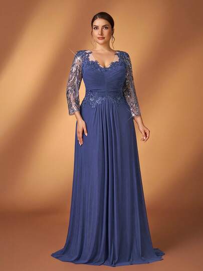 Serin 大码浪漫优雅石板蓝圆领深V七分袖腰部褶皱鱼尾连衣裙，适合婚礼、派对、庆典、正式晚宴、新娘母亲礼服