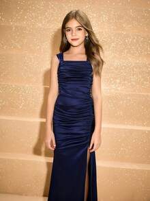 青少年女孩优雅简约精致高腰长裙，方领，收腰设计，缎面面料，适合毕业舞会、圣诞派对、正式场合，海军蓝 - 藏蓝色 - 查看 1