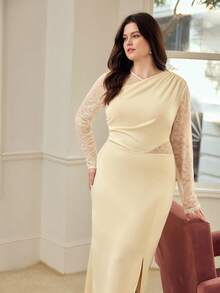MOTF PREMIUM PLUS SIZE WOMEN'S LACE PATCHWORK MID-LENGTH DRESS, SPRING/SUMMER - Apricot - View 6