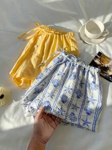 Comfortcana 2条装女士纯棉抽绳腰休闲百搭日常短裤，适合度假、美式休闲、情人节、狂欢节、居家休闲、海滩、夏季假日等场合，春季春假、毕业季、婚礼派对等场合均可穿着，优雅休闲，适合海滩度假、夏季度假等场合。黄色和蓝色海星贝壳图案，柔软亲肤，优雅可爱，性感少女风度假短裤。 - 彩色 - 查看 3