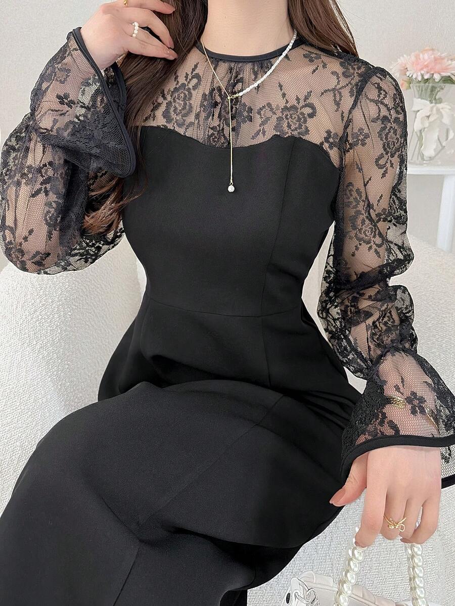 FRIFUL Women's Round Neck Chiffon Mesh Patchwork Bell Sleeve Contrast Color Sweet Casual Party Dress Sundress - Black - View 1