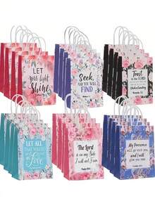 6/12/24/30PCS Scripture Floral Gift Bags With Handles Reusable Bible Verse Tote Paper Bags For Christian Baptism Wedding Birthday Favor Wrapping Women Gift - Color Mixing - View 7